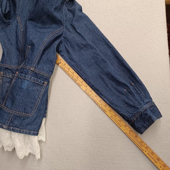 Small Size 14 Jean Jacket Lace Trim Button Up I.E Relaxed Dark Denim - Picture 7 of 10